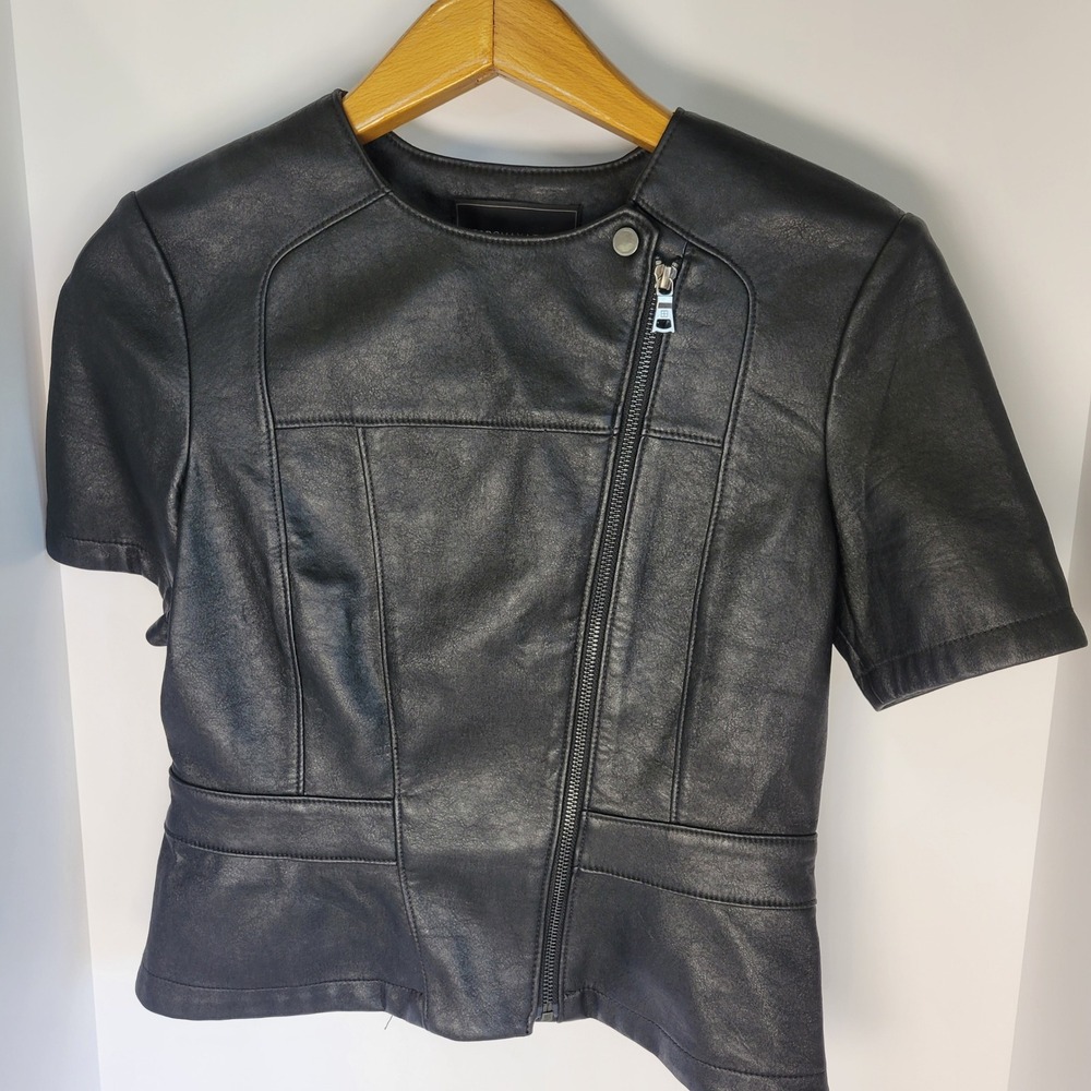 BCBGMAXAZRIA Dayne Black Faux Leather Short Sleeve Asymmetrical Zip Jacket S